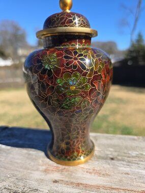 Oriental Cloisonne Enamel Brass Green Blue Red Floral Ginger Jar Lid 7" Vintage